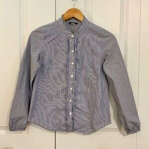 J. Crew Blue White Mattress Tick Stripe Ruffle Long Sleeve Top Size 2